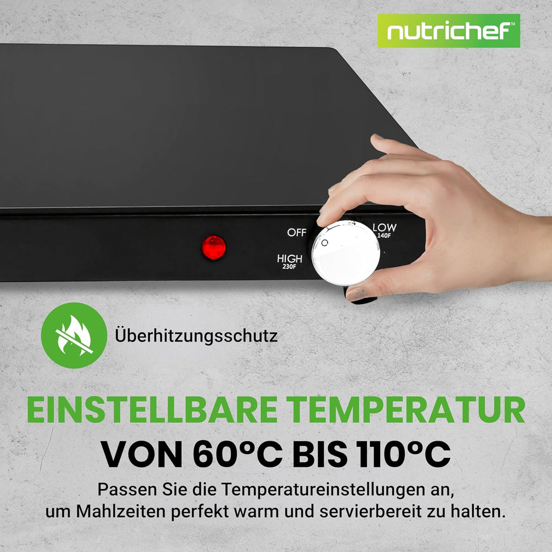 NutriChef Kochplatte elektrisch – Warmhalteplatte 54×42cm mit Temperaturregelung 60–110°C, 180W Warm