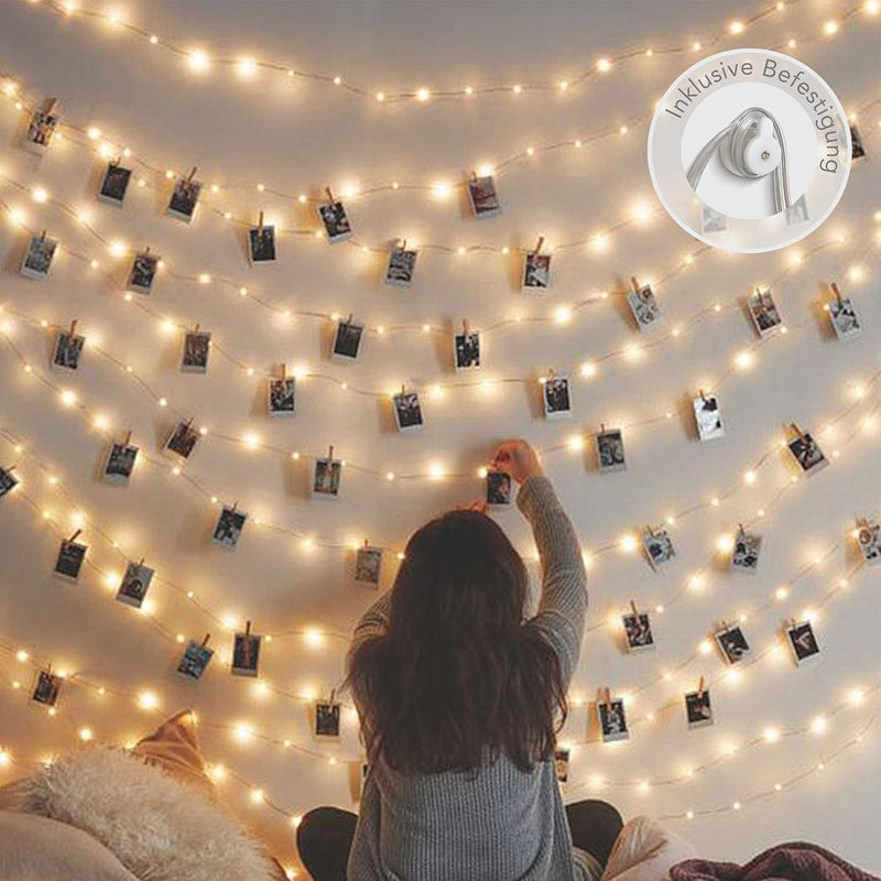CozyHome Foto Lichterkette Fotoclips - 30 LED mit Klammern & 5m Timer Batterie I Fotolichterketten F