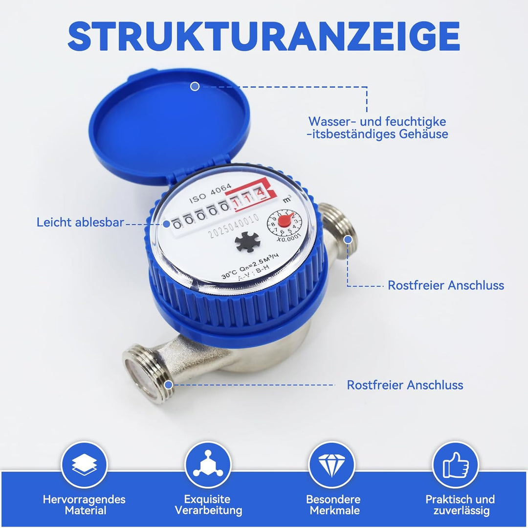 Garten Wasserzähler 1/2 Zoll, Kaltwasserzähler geeicht mit Digitalanzeige und Zeiger, Zapfhahnzähler