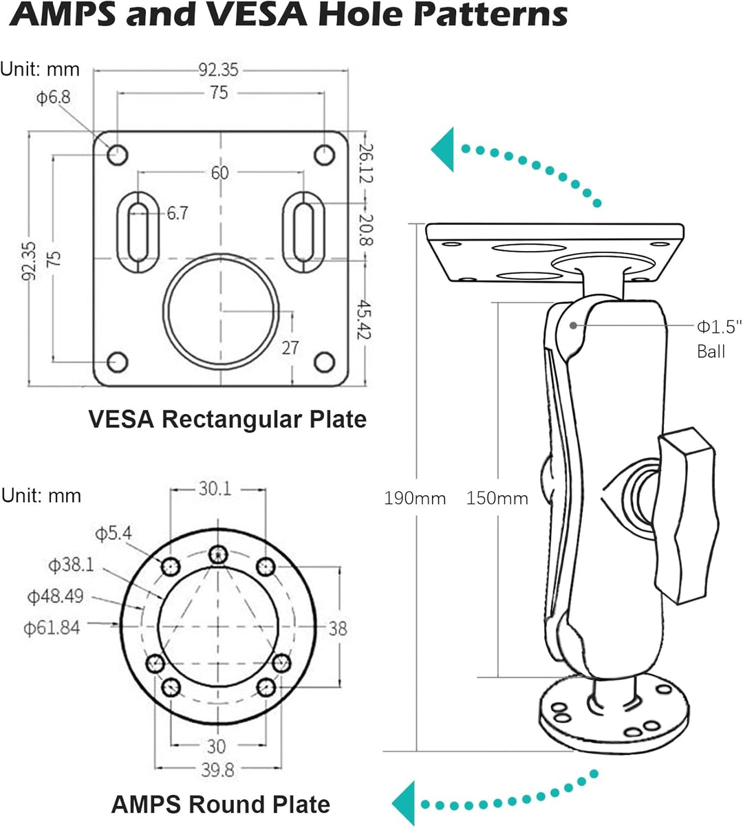 Aluminium 1,5" Verbindungsarm mit VESA-Platte, 75 x 75 mm, Industrielle Monitor Halterung, Doppelsoc