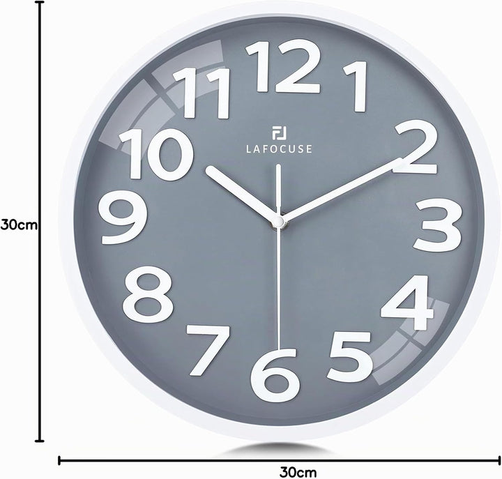 Lafocuse 3D Ziffern Lautlos Wanduhr Grau, Modern Wanduhr 30cm Leicht zu Lesen, Ohne Ticken Geräuschl