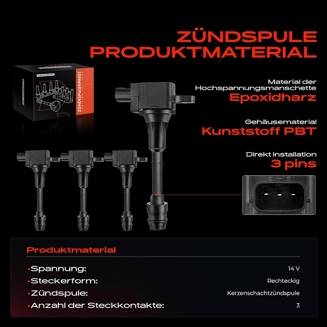 Frankberg 4x Zündspule Zündmodul Kompatibel mit Primera P12 2.0L 2002-2008 Primera Kombi WP12 2.0L 2