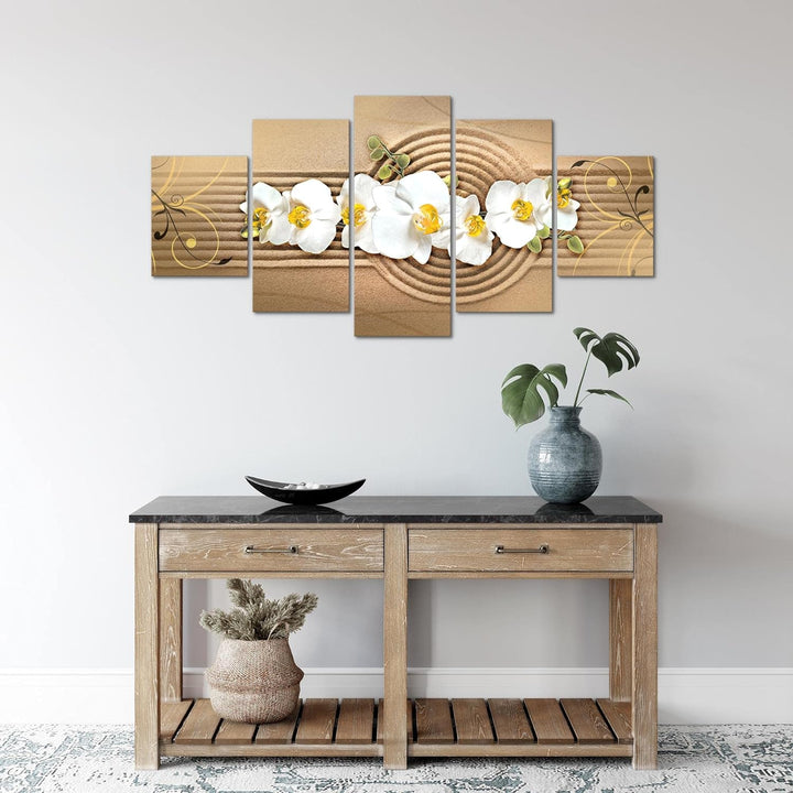 Runa Art Wandbilder Blumen Orchidee 5 Teilig Bild auf Vlies Leinwand Deko Wohnzimmer Sand Beige Brau
