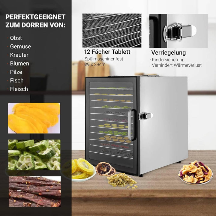 Dörrautomat Edelstahl mit 12 Edelstahlgitter, 800W Dehydrator Food mit 30-80℃ Temperaturregelung & 2