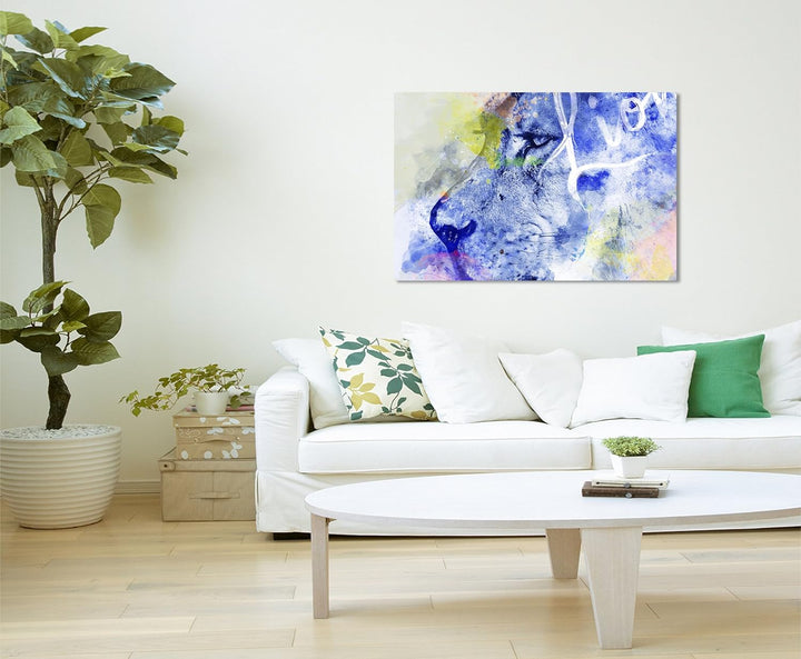 Paul Sinus Art Bild Leinwand 120x80cm Wilder Löwe in Blautönen mit Kalligraphie, 120x80cm