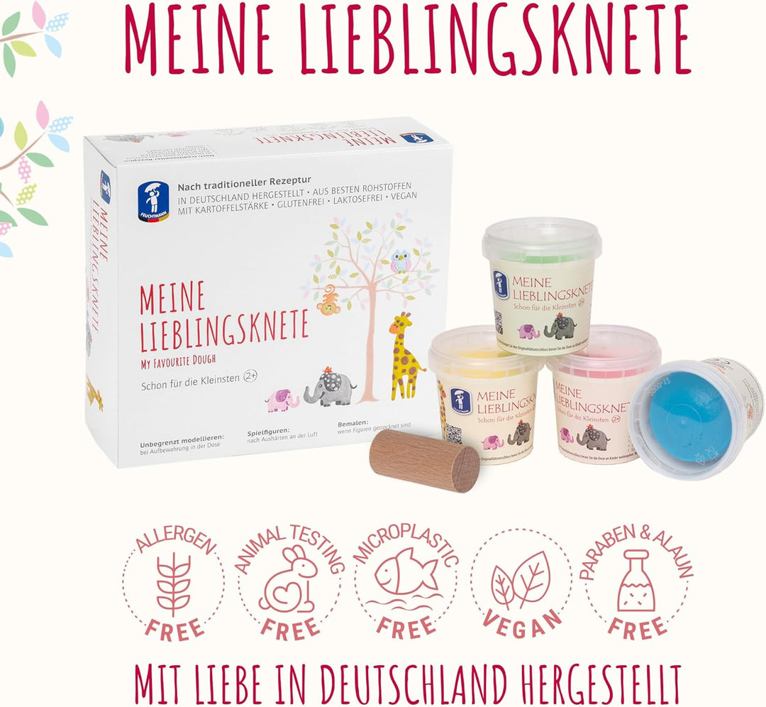 Feuchtmann MEINE LIEBLINGSKNETE mit Teigrolle - Knetset 4x150g, vegane glutenfreie Knete, natürliche