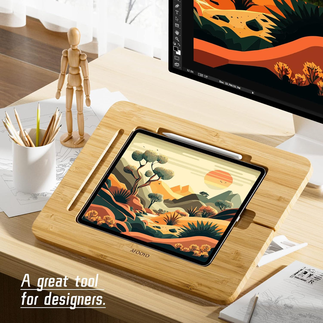 AFOOYO Bambus Tablet Zeichenständer - Tragbar & Verstellbar 5 Winkel Laptop Ständer Erhöhung Buch Le