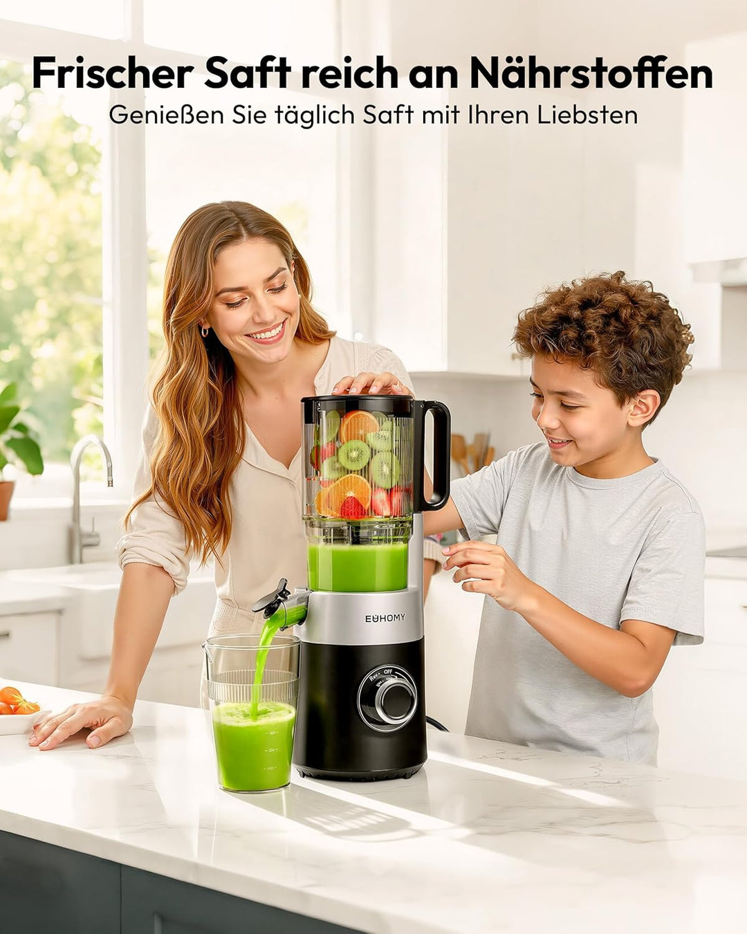 EUHOMY Entsafter, Slow Juicer für Ganze Gemüse und Obst, 135 mm grossem Einfüllschacht 1,8 L Füllvol