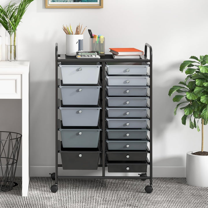 KOMFOTTEU Rollwagen mit 10/15 Schubladen stapelbar, Badrollwagen Rollcontainer mit Metallrahmen, All