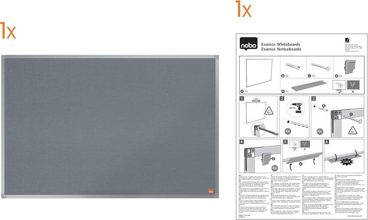 Nobo Filz-Notiztafel, 60 x 90 cm, Aluminiumrahmen, Traditionelle Eckmontage, Grau, Essence-Serie, 19