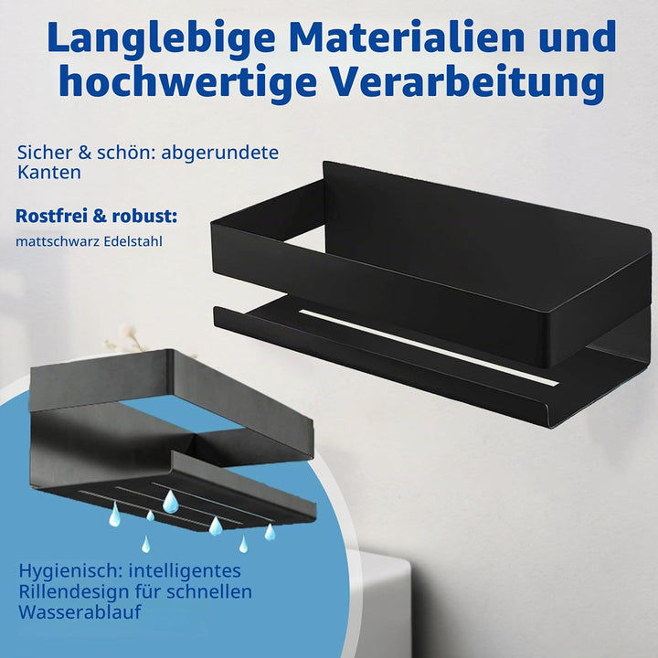 Duschregal Ohne Bohren, Edelstahl Duschablage Schwarz Mit 2 Haken Und Rasiererhalter, Shampoo Halter