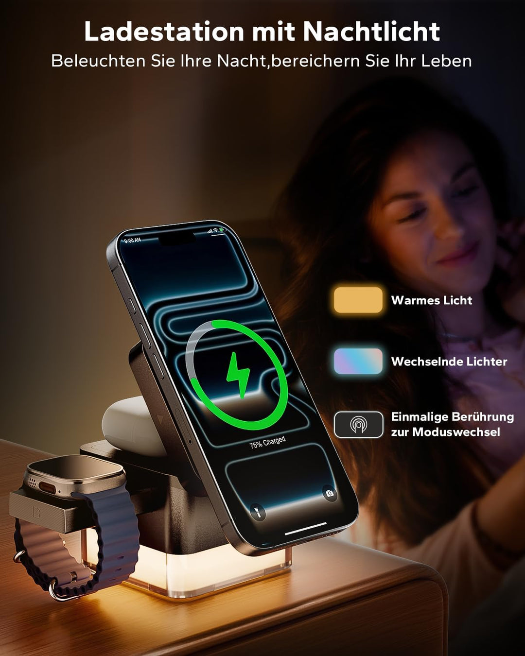 KPON Ladestation Apple Watch und iPhone für Magsafe, 3-in-1 Cube Induktive Ladestation mit Magsafe L