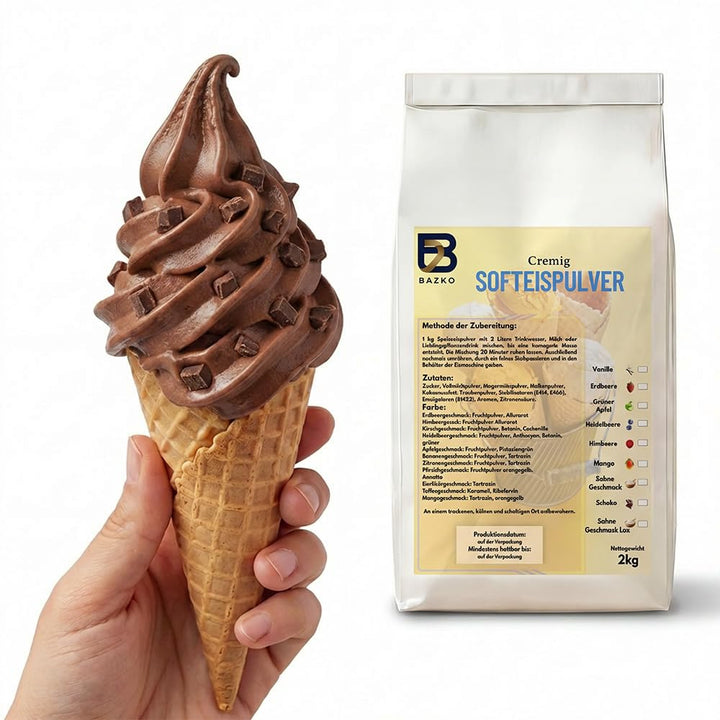 Bazko Schoko Eispulver für Eismaschine | Softeispulver Speiseeispulver 2 kg für 6 kg Eis | 1:2 | Nur