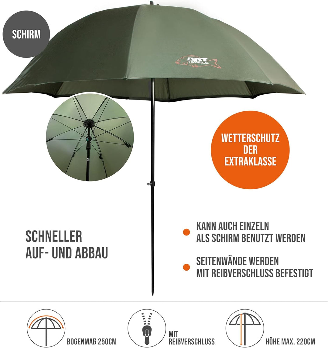 BAT Tackle Angelschirm mit Seitenwand | Inkl. Heringe und Abspannleinen | Schirmzelt | Windschutz |