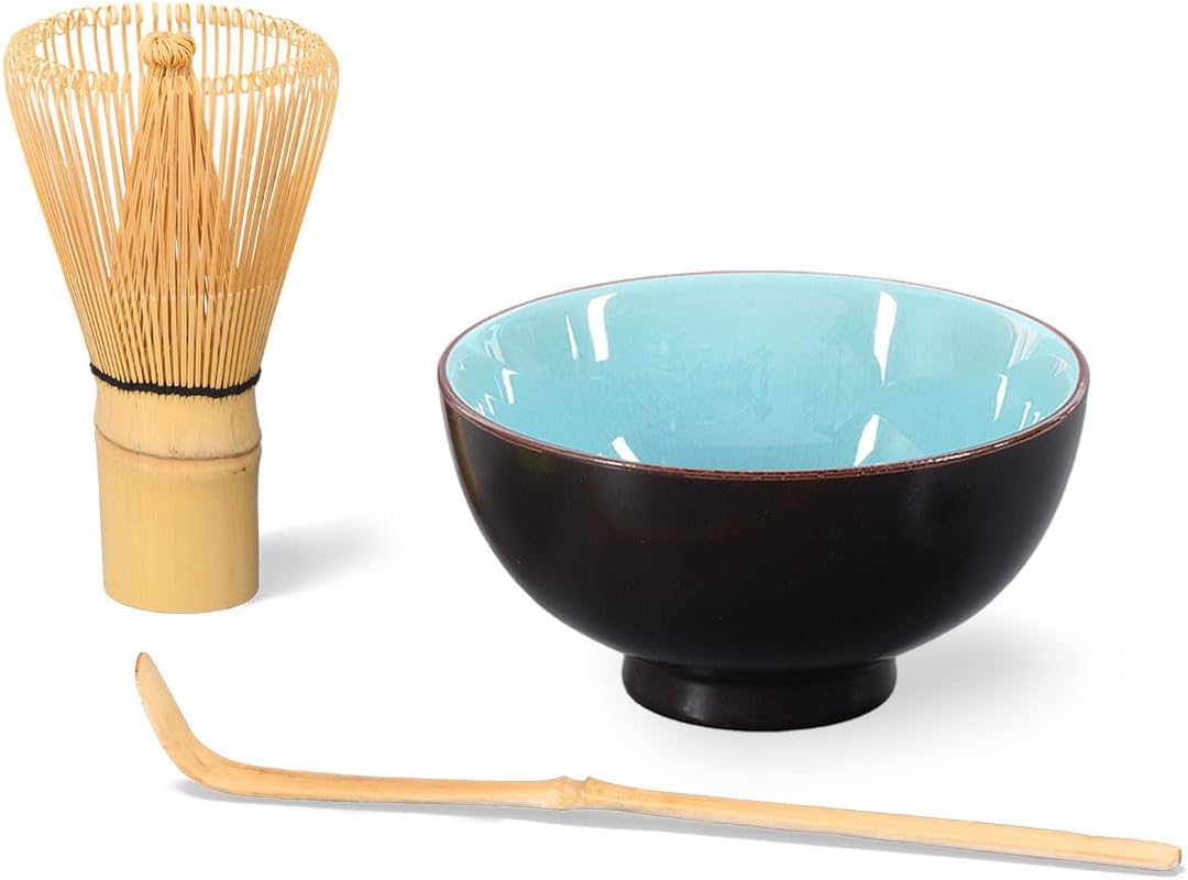Matcha-Set 3-teilig himmelblau, bestehend aus Matcha-Schale, Matcha-Löffel und Matcha-Besen (Bambus)