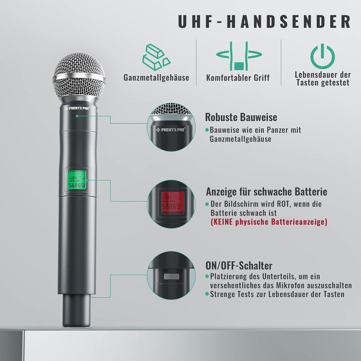 Phenyx Pro Drahtloses Mikrofonsystem, 8-Kanal UHF kabelloses Mikrofon mit Metall-Handmikrofonen, dyn