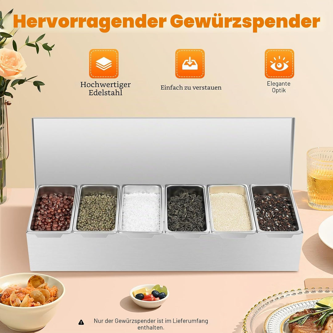 Gewürzbox 6 Gitter X 450ml Edelstahl, Zutatenbehälter | Beilagenbehälter | Pizza Zutatenbehälter | T