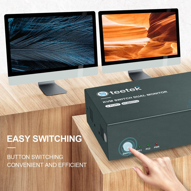 Steetek KVM Switch 2 Monitore 4K@60Hz, USB2.0, KVM Switch HDMI unterstützung Button Switch, 2 PC 2 M