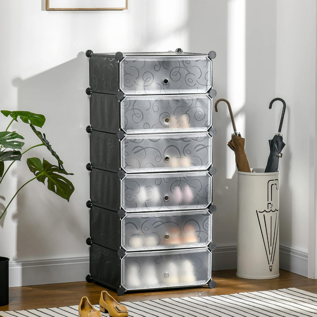 HOMCOM Schuhboxen 6er Set Schuhkarton Stapelbar Transparent Tür Schwarz | DIY, Schuhorganizer, Schuh