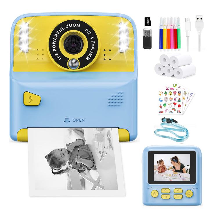 PHNIXGAM Sofortbildkamera Kinder mit 2-Blitzleuchten, Digitalkamera kinderkamera fotoapparat 2.4in H