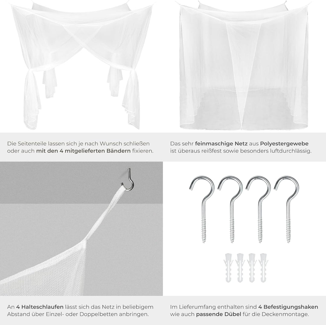 tectake® Moskitonetz Bett Mückenvorhang, Einzel- und Doppelbett, 220 x 220 x 210 cm, Mückenschutz Ca