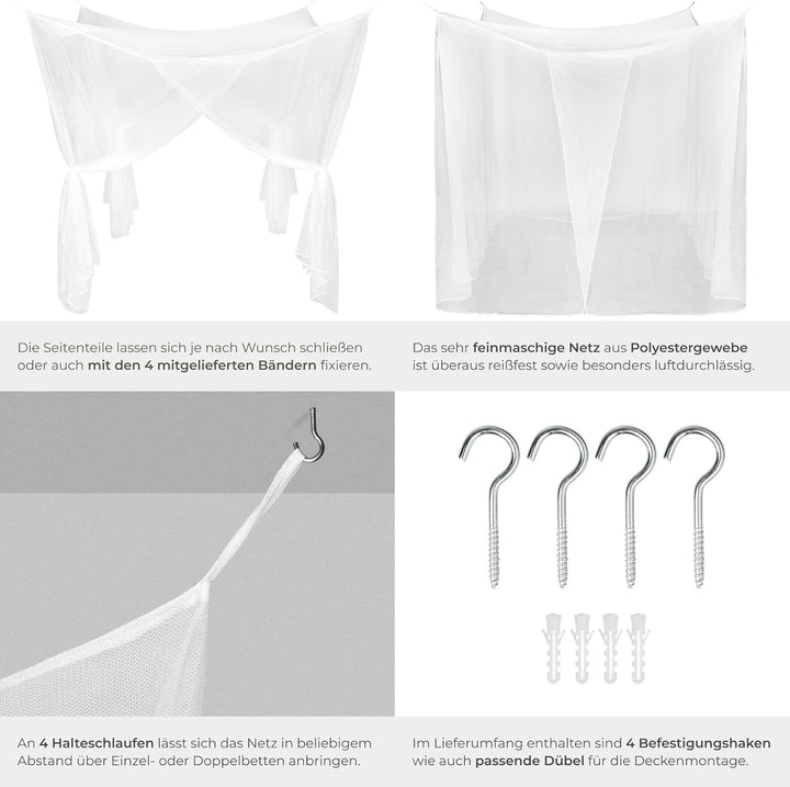tectake® Moskitonetz Bett Mückenvorhang, Einzel- und Doppelbett, 220 x 220 x 210 cm, Mückenschutz Ca