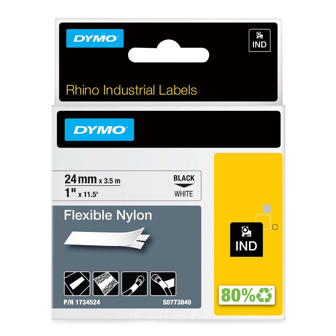 DYMO Rhino Industrie Nylonetiketten | flexibel | 24 mm x 3,5 m | schwarze Schrift auf weissem Unterg