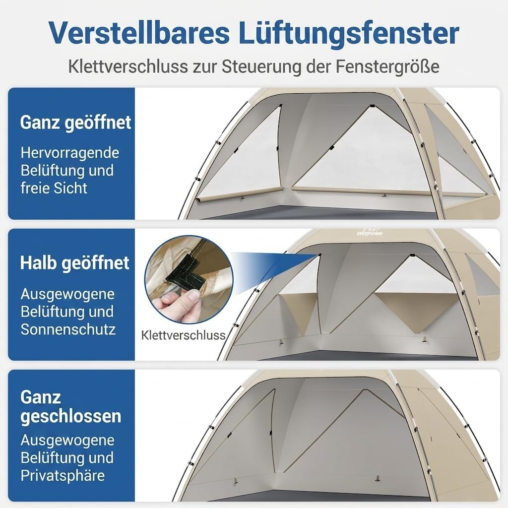 Wolfwise Strandmuschel UV Schutz, 3 Belüftungsfenster & Tragetasche, Strand Zelt mit erweiterbarem B