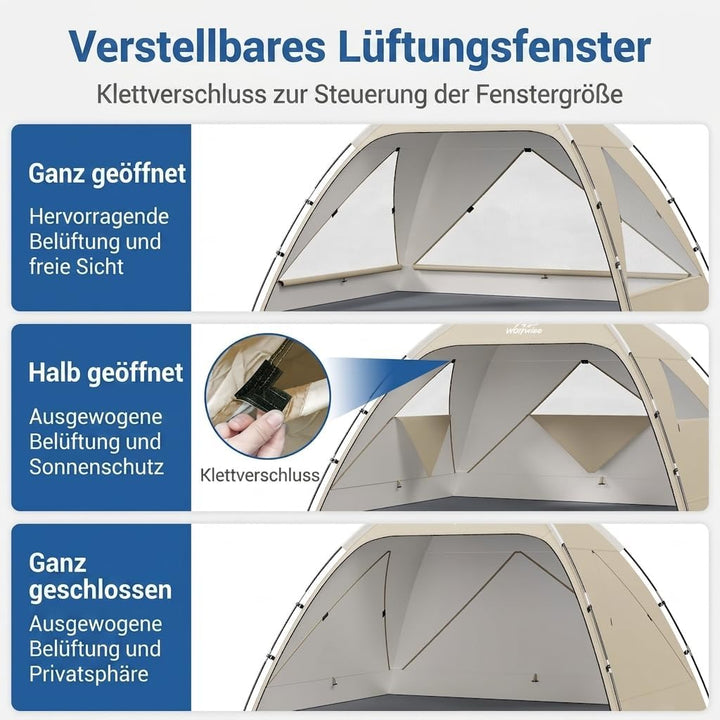 Wolfwise Strandmuschel UV Schutz, 3 Belüftungsfenster & Tragetasche, Strand Zelt mit erweiterbarem B