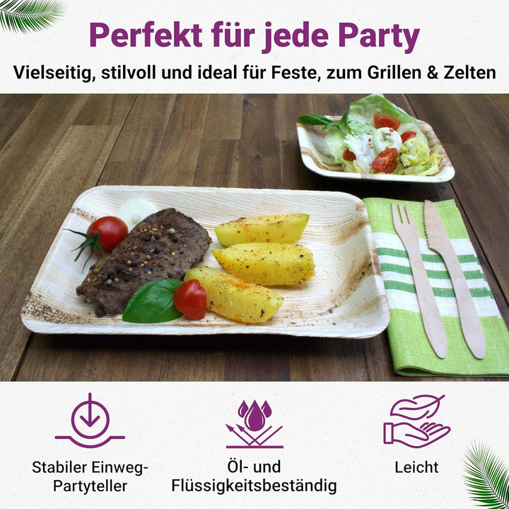 Waipur Bio Palmblatt Teller - 25 Teller Rechteckig 28x18 cm - Premium Einweggeschirr kompostierbar -