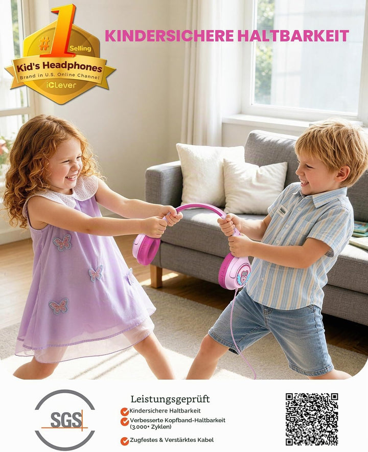 iClever Mädchen Kopfhörer Kinder mit 3,5 mm Kabel für Schule/Tablet/Reisen | SafeSound Tech 3.0, Ste