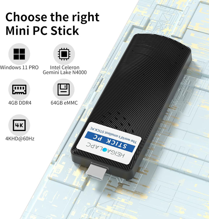 HEIGAOLAPC Mini PC Stick Win 11 Pro,Celeron N4000 4GB RAM 64GB eMMc Mini Computer, Dual WiFi 6.0/BT5