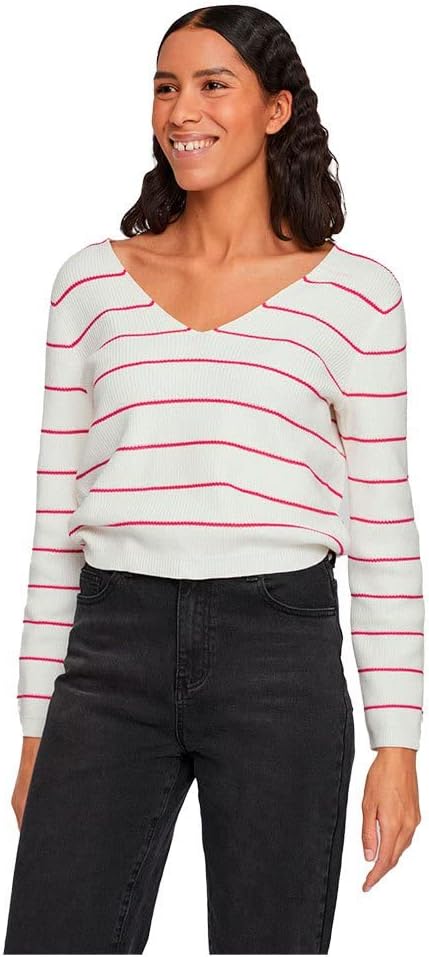 Vila Damen Vichao V-Neck L/S Knit Top/Su-Noos Strickpullover XL White Alyssum/Stripes:pink Yarrow, X
