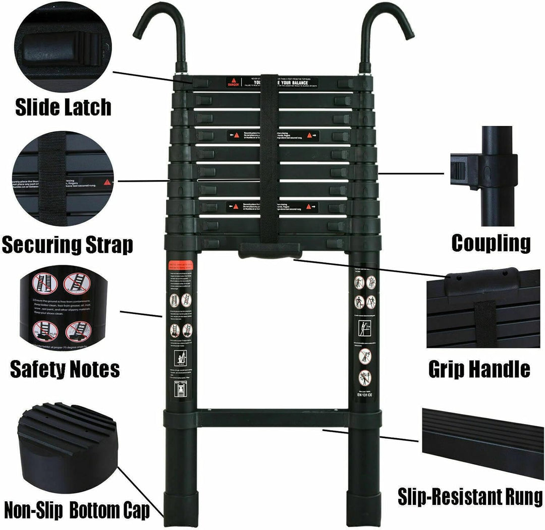 10,5FT Telescopic Ladder Aluminum Extension Ladder with Detachable Hooks Safe & Compact, Collapsible