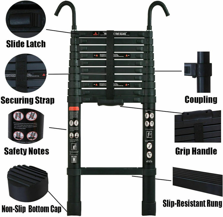 10,5FT Telescopic Ladder Aluminum Extension Ladder with Detachable Hooks Safe & Compact, Collapsible