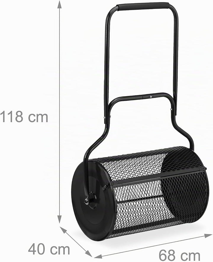Relaxdays Kompoststreuer für Rasen, Meshkorb 75 L, Gartenstreuer mit Griff, HBT: 118x68x40 cm, Torfm