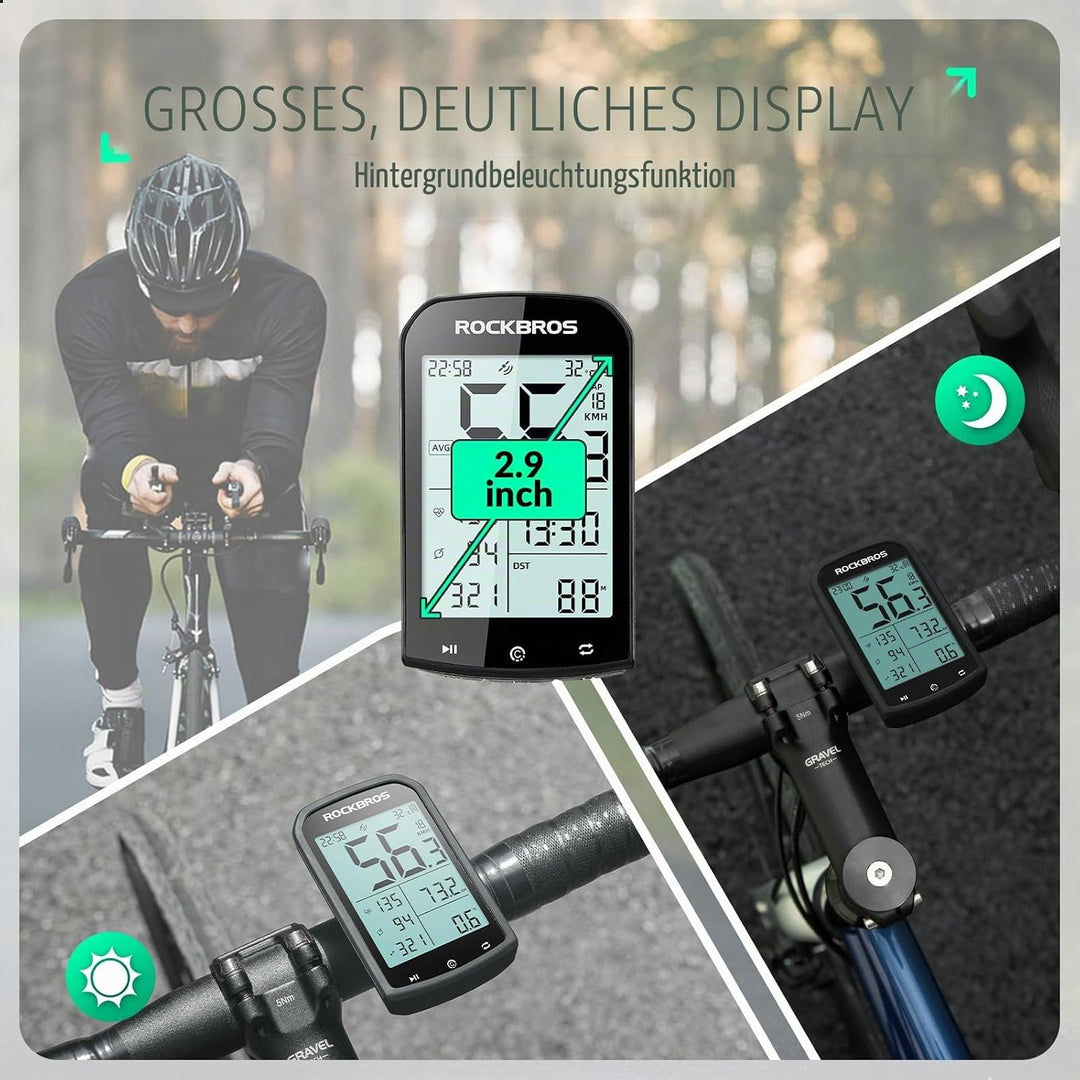 ROCKBROS Fahrradcomputer Kabellos GPS IPX6 wasserdichte Fahrrad Tachometer und Kilometerzähler mit 2