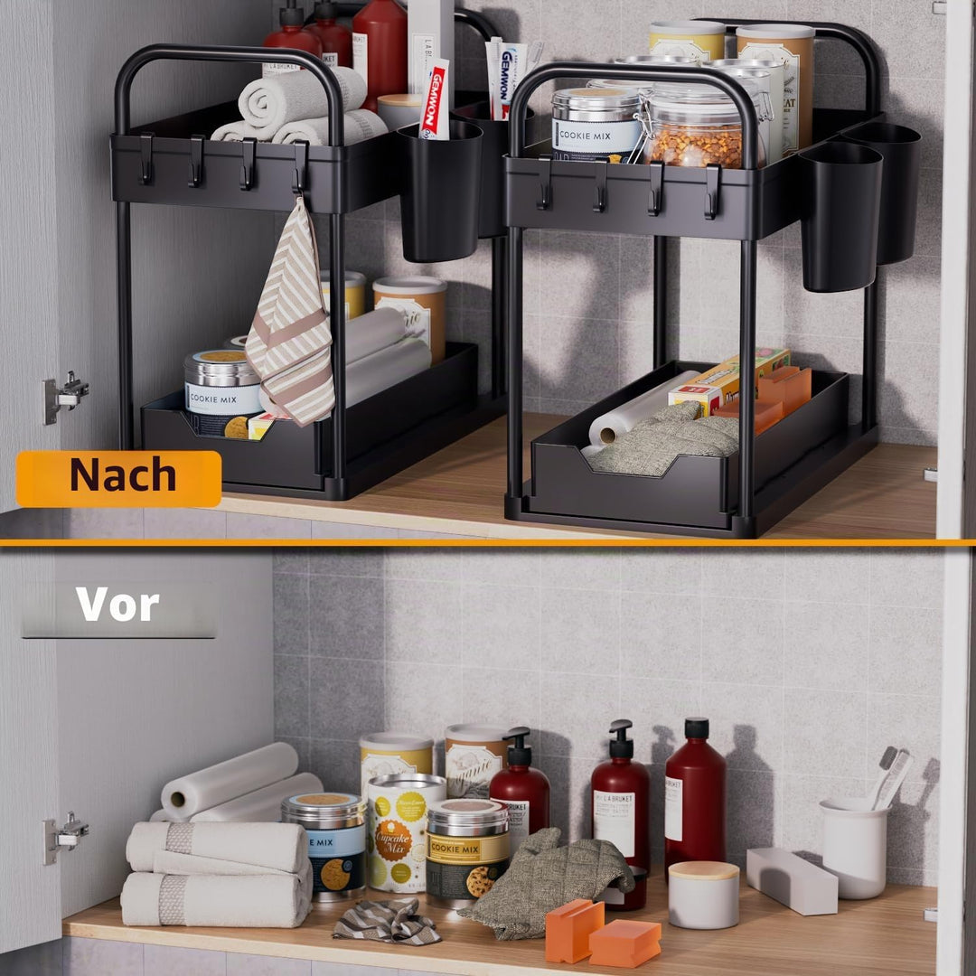 GEMWON Küchen Organizer,2 Etagen Unter Waschbecken Regal mit 4 Haken & 2 Tassen,Spülschrank Organize