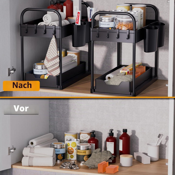 GEMWON Küchen Organizer,2 Etagen Unter Waschbecken Regal mit 4 Haken & 2 Tassen,Spülschrank Organize