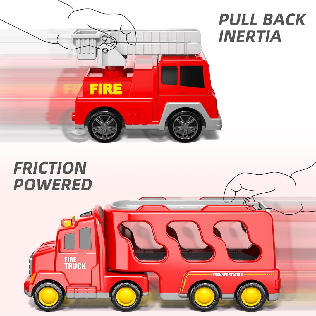 5-in-1 Feuerwehr-Spielzeug für Kleinkinder Jungen & Mädchen, Friktions-Auto-Transporter mit Licht &