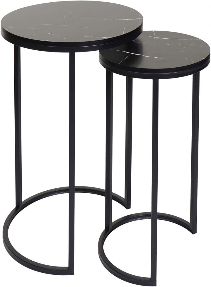 Mendler 2er-Set Beistelltisch HWC-K46, Kaffeetisch Nachttisch Loungetisch, Marmor-Optik MDF - schwar