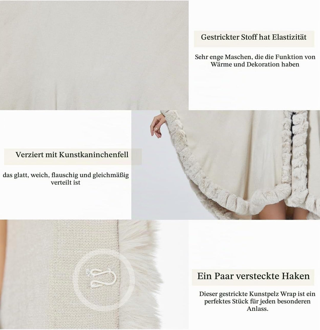 BEAUTELICATE Kunstpelz Poncho Cape Strick Damen Winter Kunstfell Stola Schal Cape Cardigan Warm mit