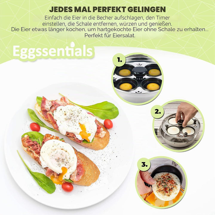 Eggssentials Pochierte Eierkocher aus Edelstahl, lebensmittelecht, PFOA-frei, mit Pfannenwender, 4 P