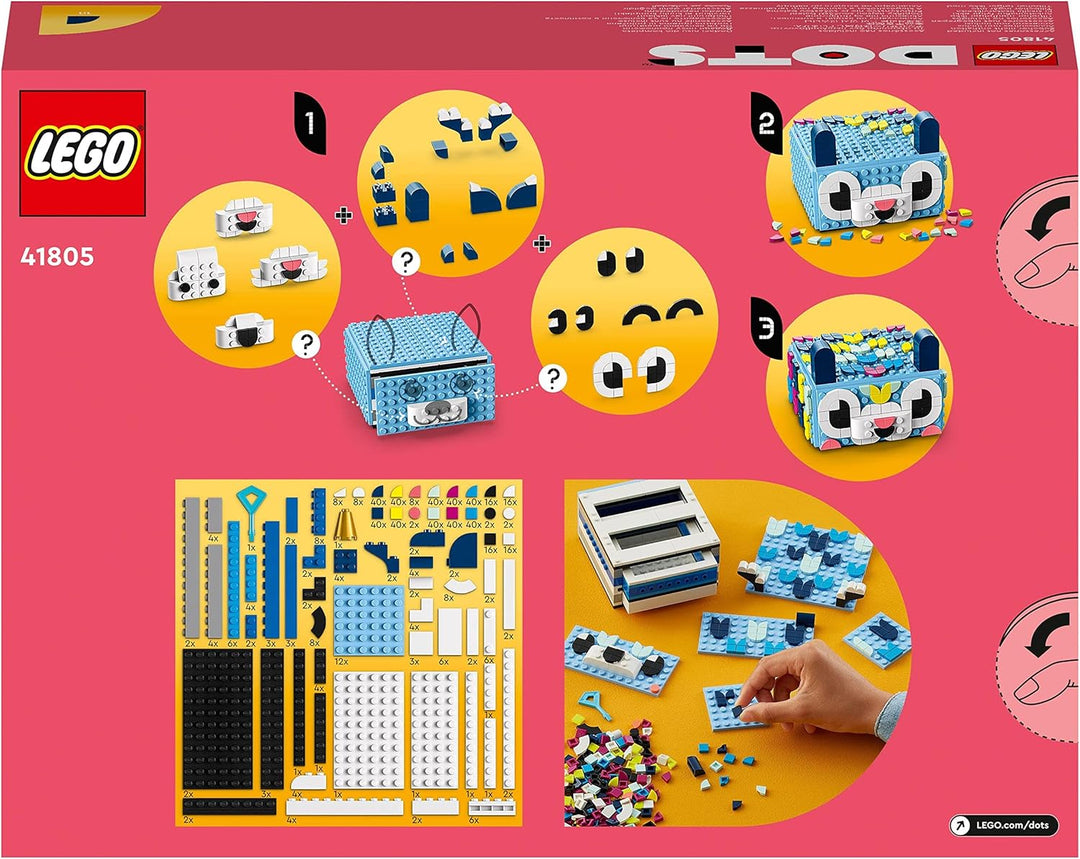 LEGO 41805 DOTS Tier-Kreativbox mit Schubfach, Mosaik-Bastelset für Kinder zum Aufbewahren von Schmu