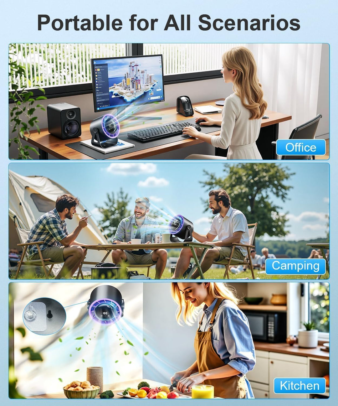 Macchiatto Tischventilator USB mit Akku, Leiser Mini Ventilator, 4 Geschwindigkeiten, 360° Verstellb