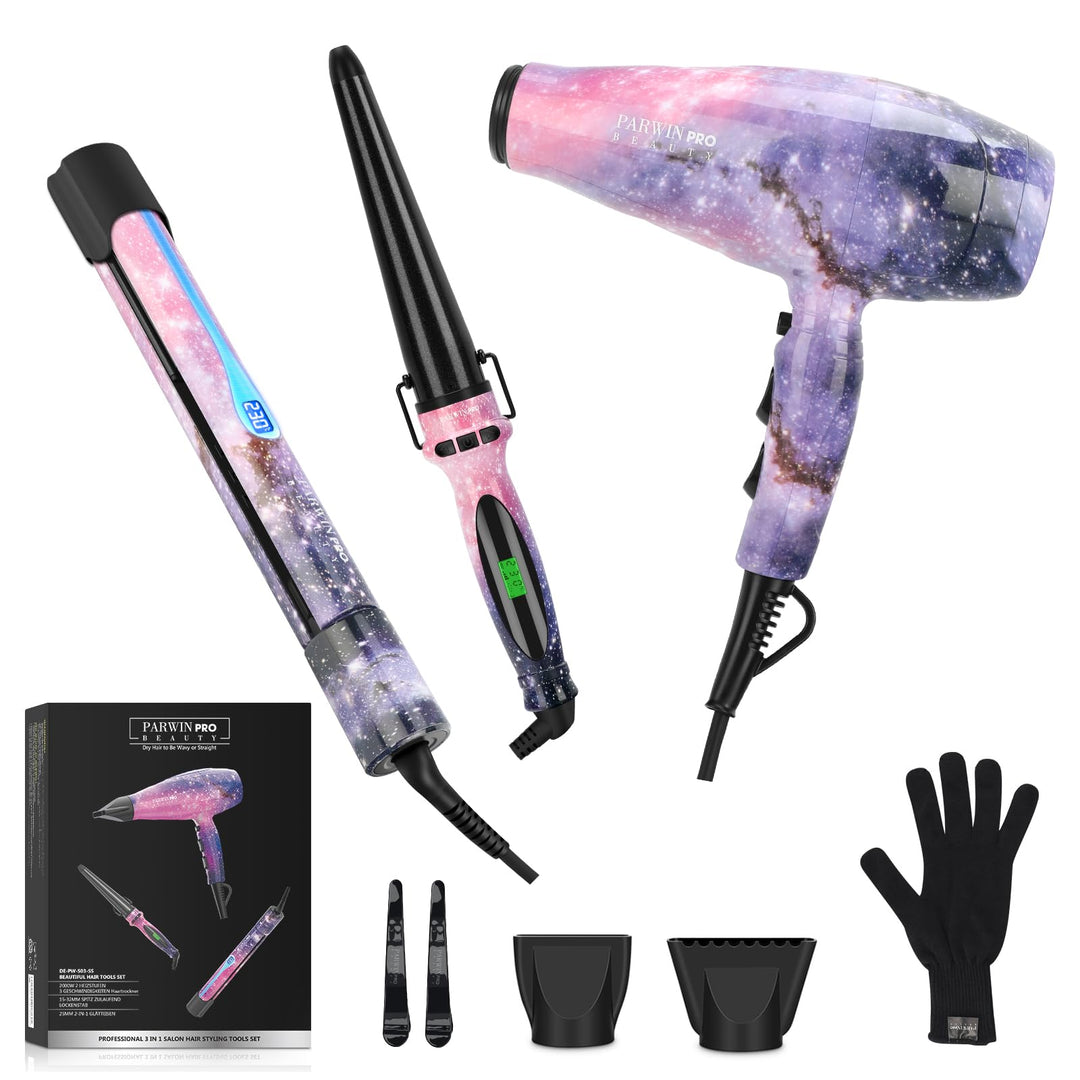 PARWIN PRO BEAUTY 3 IN 1, Föhn Glätteisen Lockenstab, Styling Set, Ionen Haartrockner, Glätteisen Lo