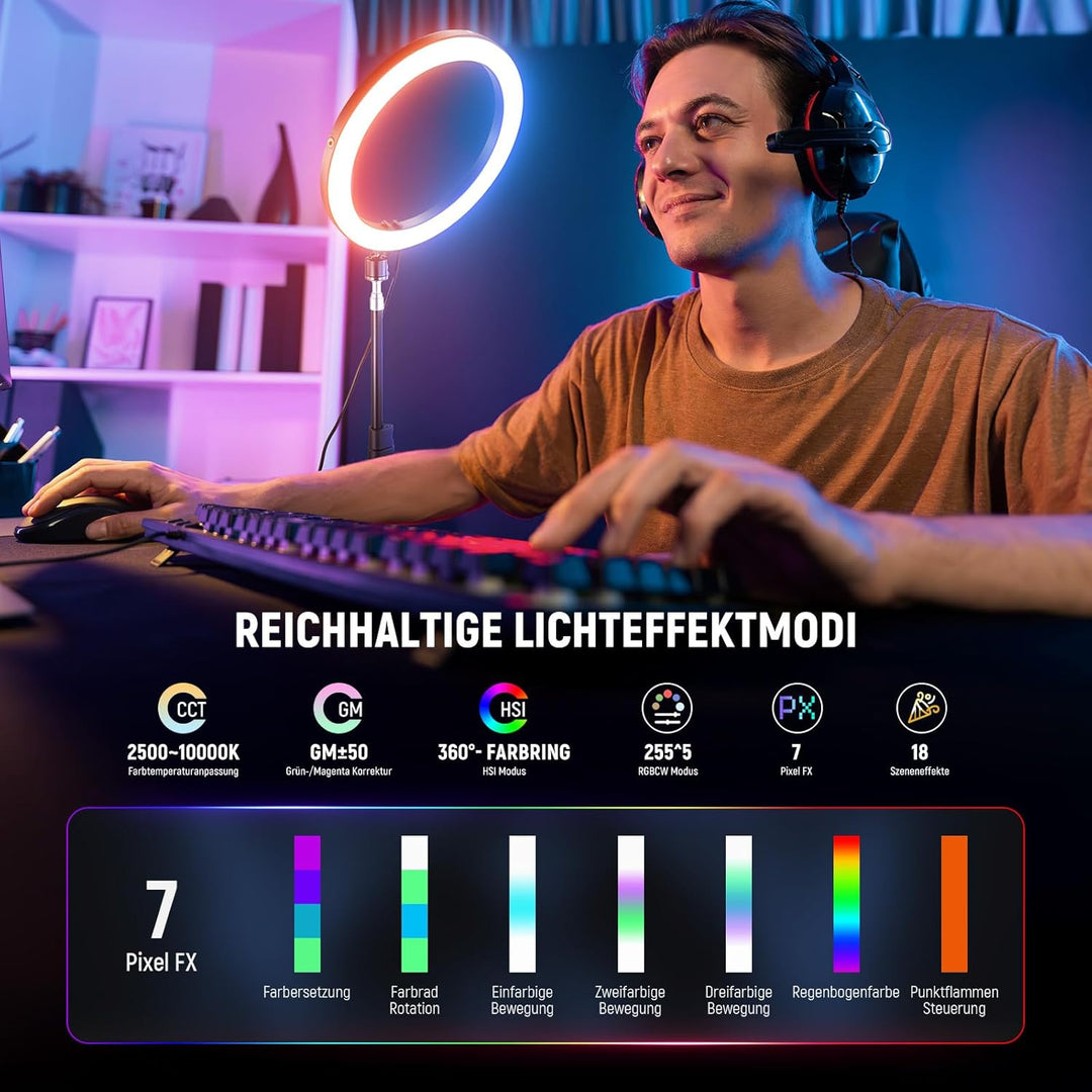 NEEWER RH12C 12" Ringlicht mit Stativ Kompatibel mit iPhone, 24W LED RGB Ring Light mit Handyhalter