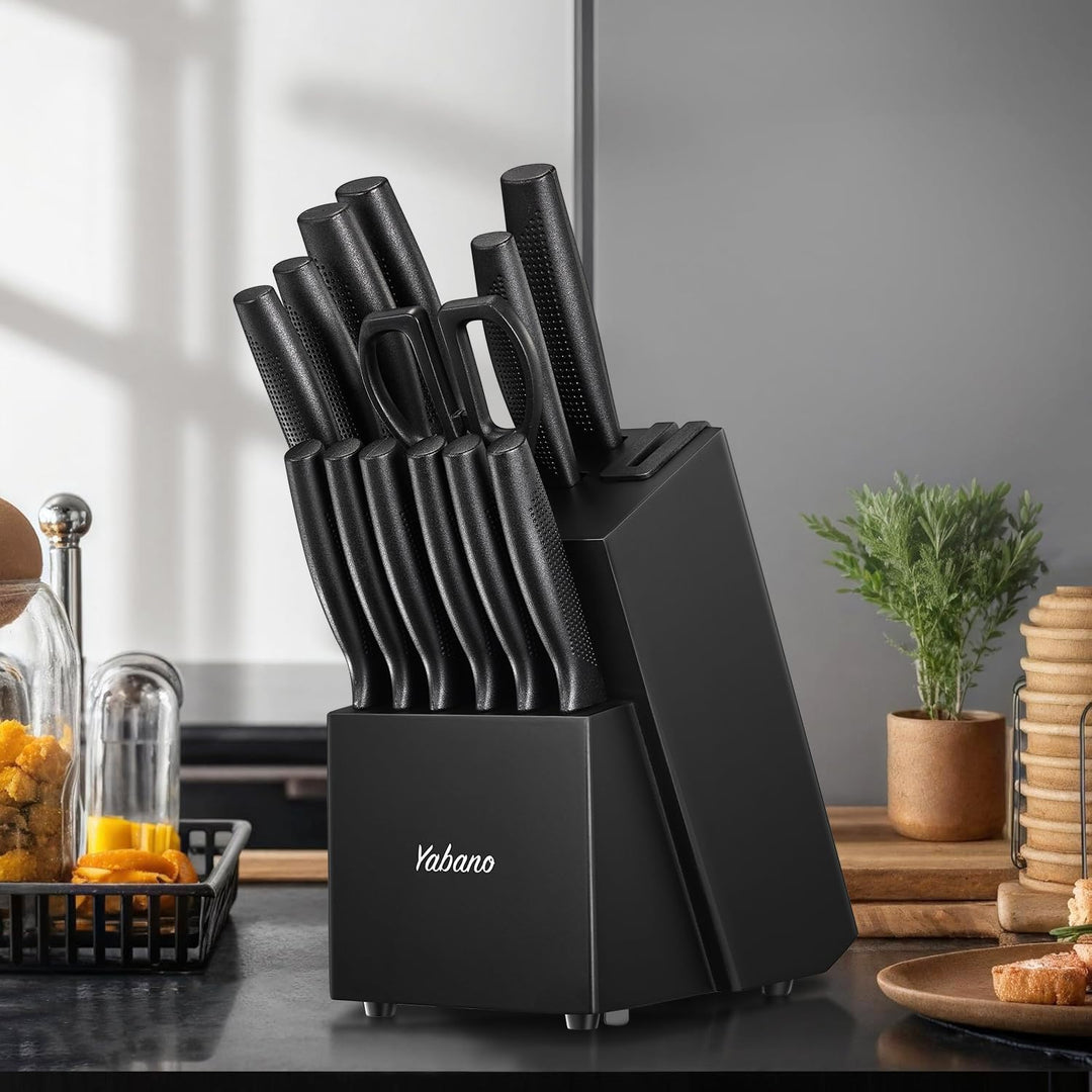 Messerblock Set,Yabano 14-teilig Küchenmesserset mit Integriertem Messerschärfer, Scharfes Schwarzes
