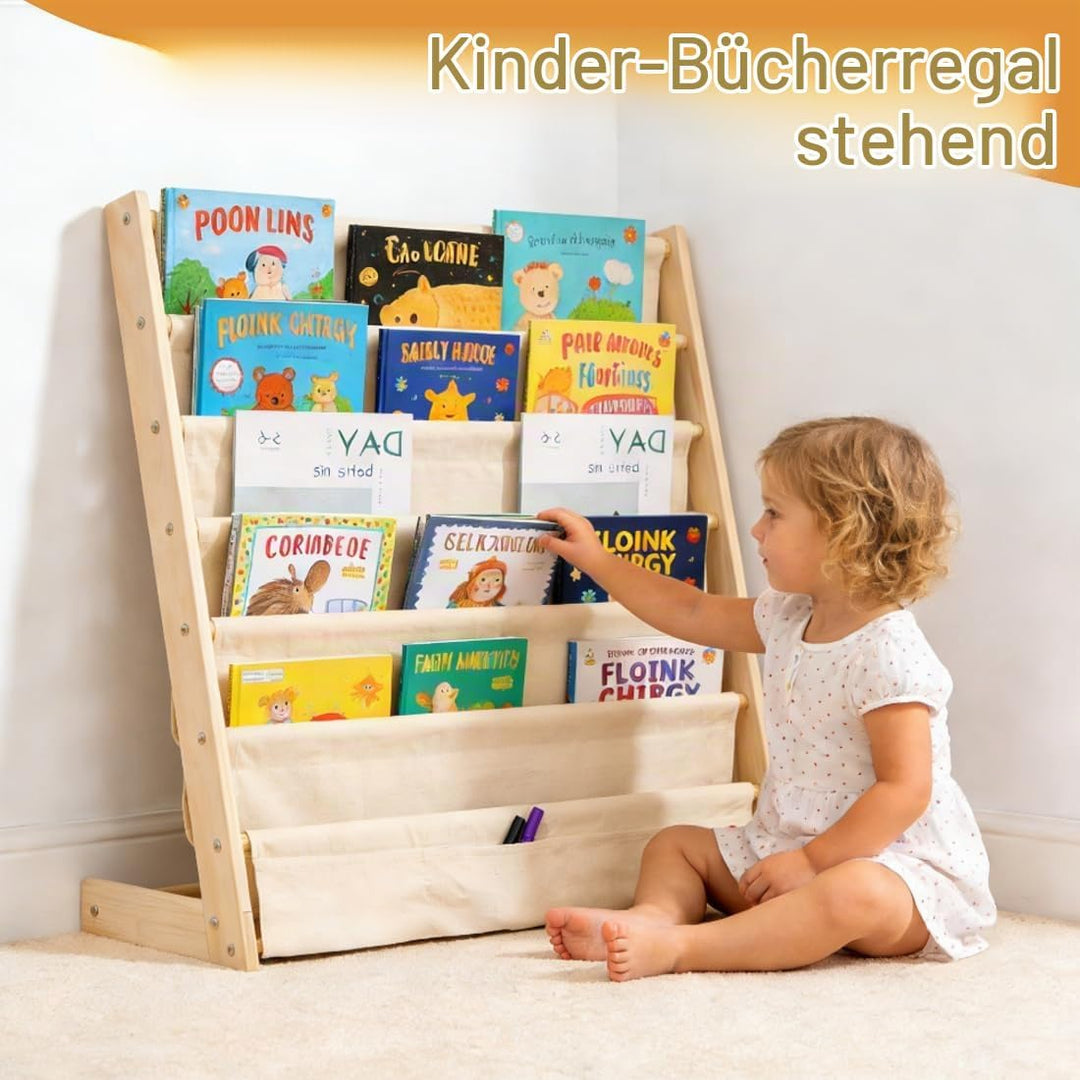 Kinder Bücherregal, 75x 30 x 79 cm Montessori Bücherregal mit 6 Ebenen und Stofffächern, Offenes Kin