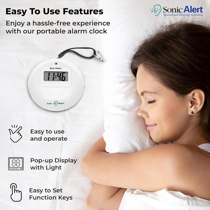 Geemarc SBP100 Tragbarer Reisewecker mit extra lautem Alarm 70 dB + Vibration + Tragetasche White, W